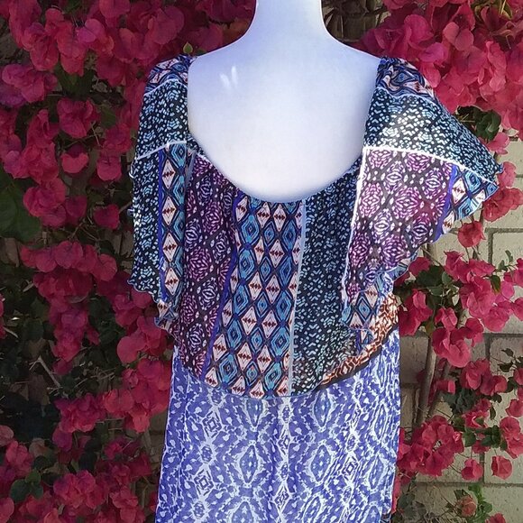 Chico's Womens Dress Maxi Long Blue Size L Print Boho Off the Shoulder Casual - Picture 3 of 7